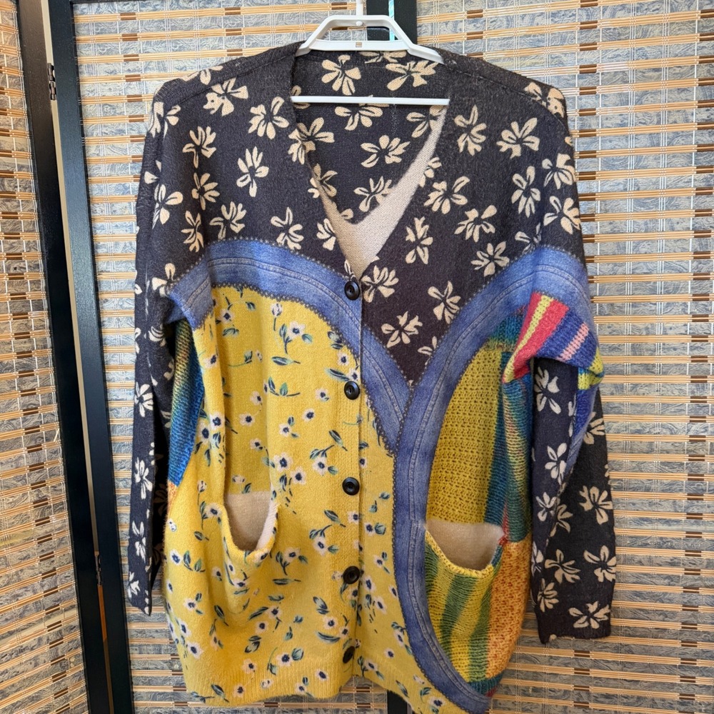 Unbranded Patchwork Cardigan Women L Multicolor Floral Boho Wool Blend Sweater